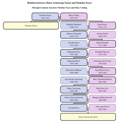 My family connection to the infamous Reverend Noyes in chart form.