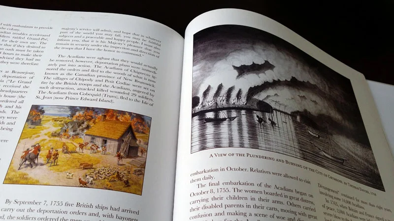 These paintings depict the expulsion of French Canadians from northern Canada (modern-day New Brunswick & Nova Scotia) in the mid-eighteenth century. It was a fascinating history and one that was, fortunately for the book, well-documented in art.