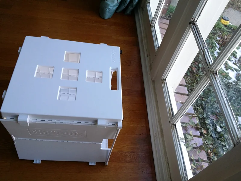 Putting the Shotbox in front of a large window, with the lights OFF, diffused the window light enough to get an evenly-lit shot.