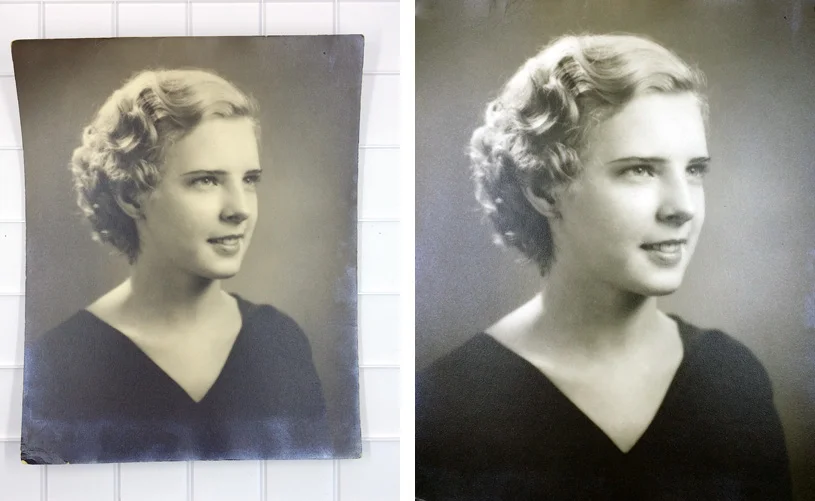 You can see where the curled edges of the photo won't lay flat, causing distortion at the corners. How did I fix it? I didn't even have to use Photoshop. Again, a low-tech solution.