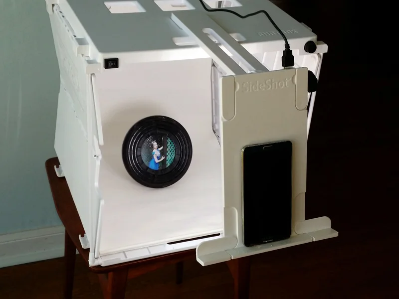 The Shotbox has a nifty "Sideshot" attachment that allows you to shoot objects from the front, at any angle. You can angle the attachment so that it levels with the plane of your object. The attachment isn't super sturdy, so if your phone is large like my Galaxy Note, you might want to use your hand to steady it.