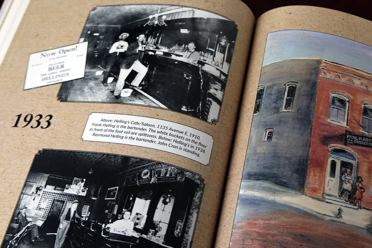 Steve centered the book around his grandparents (pictured on the cover), who were grocers in Iowa. Fortunately, he had a lot of photographs and stories about his grandparents that made them come to life. We used a brown paper grocery bag as the background texture in this section of the book.