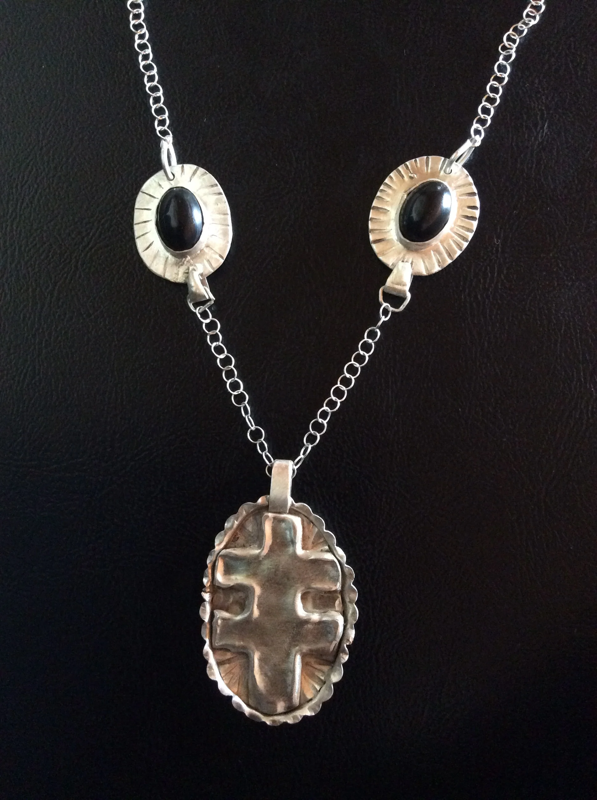 Sterling Silver Tufa cast Double Cross Necklace w/ Onyx ($225)