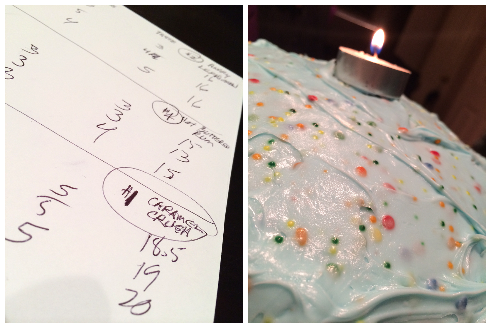 The Scorecard & Birthday Funfetti Cake (note the classy candle)