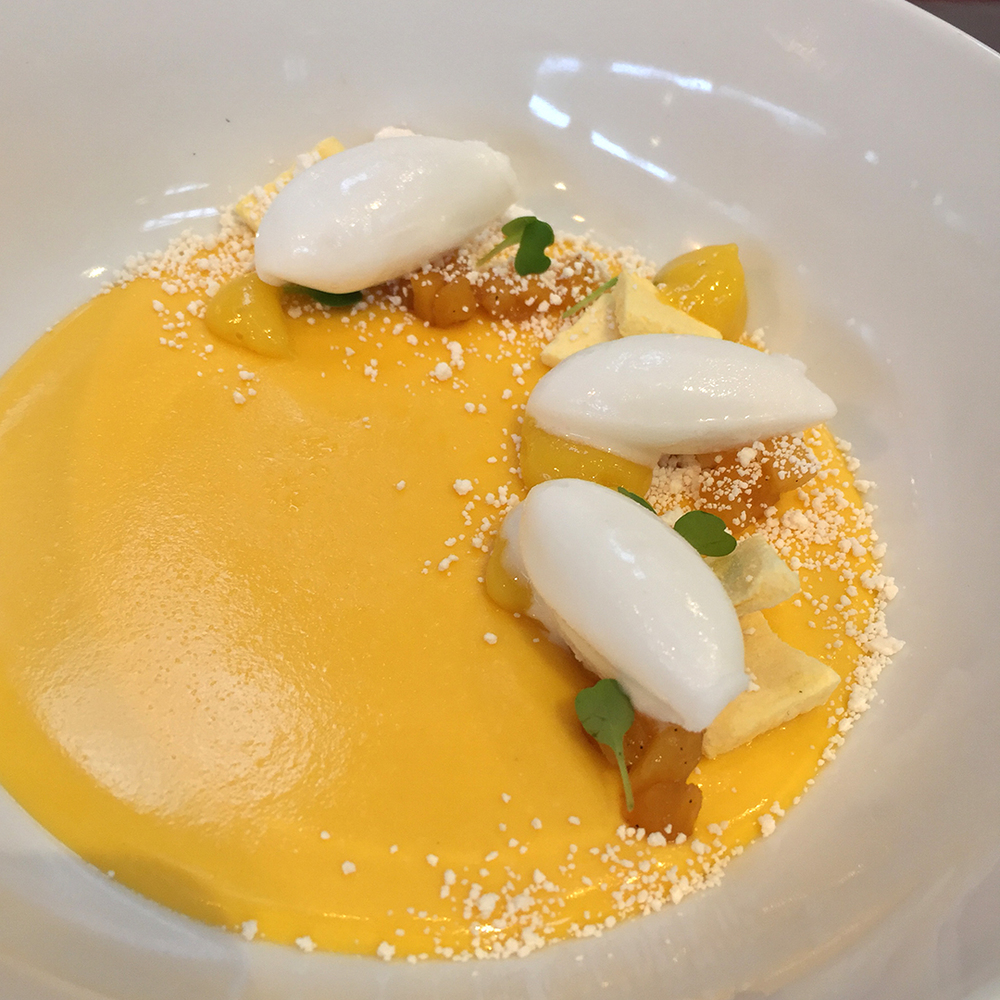 Plating desserts: Mango custard with coconut sorbet