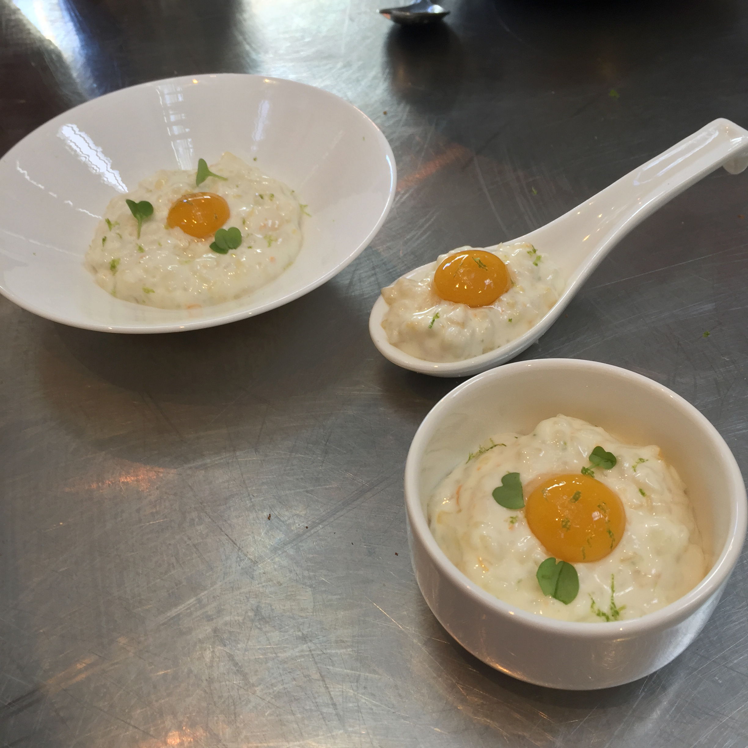 Mango bubbles with lime coconut rice pudding