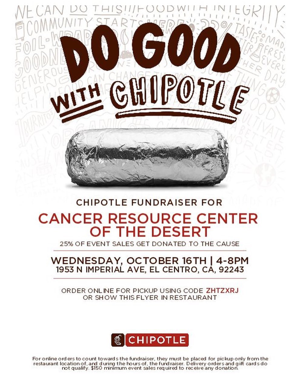 Fundraiser opportunity!! Make sure to show the fundraiser flyer (hard copy or digital) or tell the cashier at checkout that you are there for a fundraiser before you pay! For online orders, use code ZHTZXRJ.