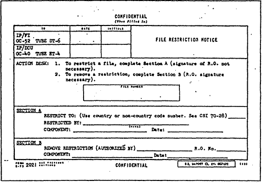CIA Form 2021 "file Restriction Notice" A security and suppression method allowing Employees to Set up Internal LIMITATIONS on File access and the form could be used to remove these restrictions placed on relevant documents