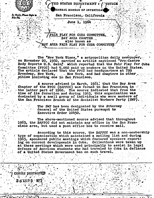 An FBI Memo discussing Member and non Member ASSOCIATED FPCC Groups