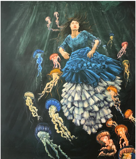 "Submerged in dark emptyness wearing her best dress, they paid her no attention at all" 130x140 2021