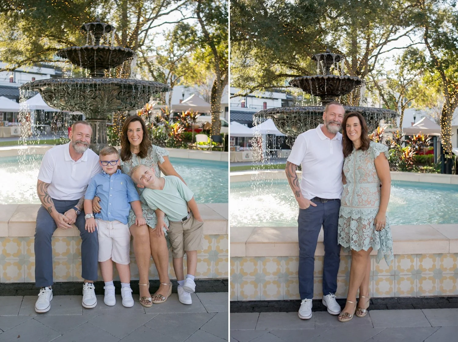 Family of four sitting on the fountain edge at Hyde Park Village Tampa during a family portrait session