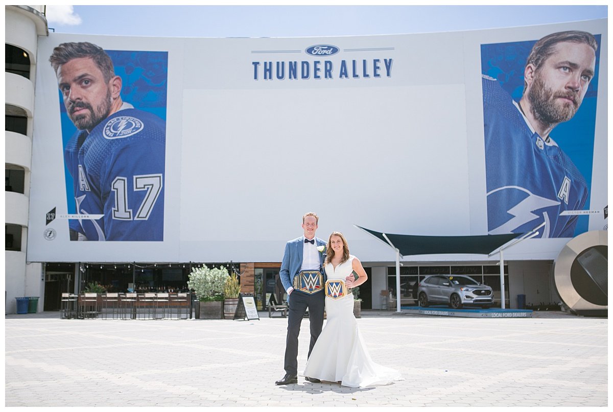Bride and groom at Amalie Arena