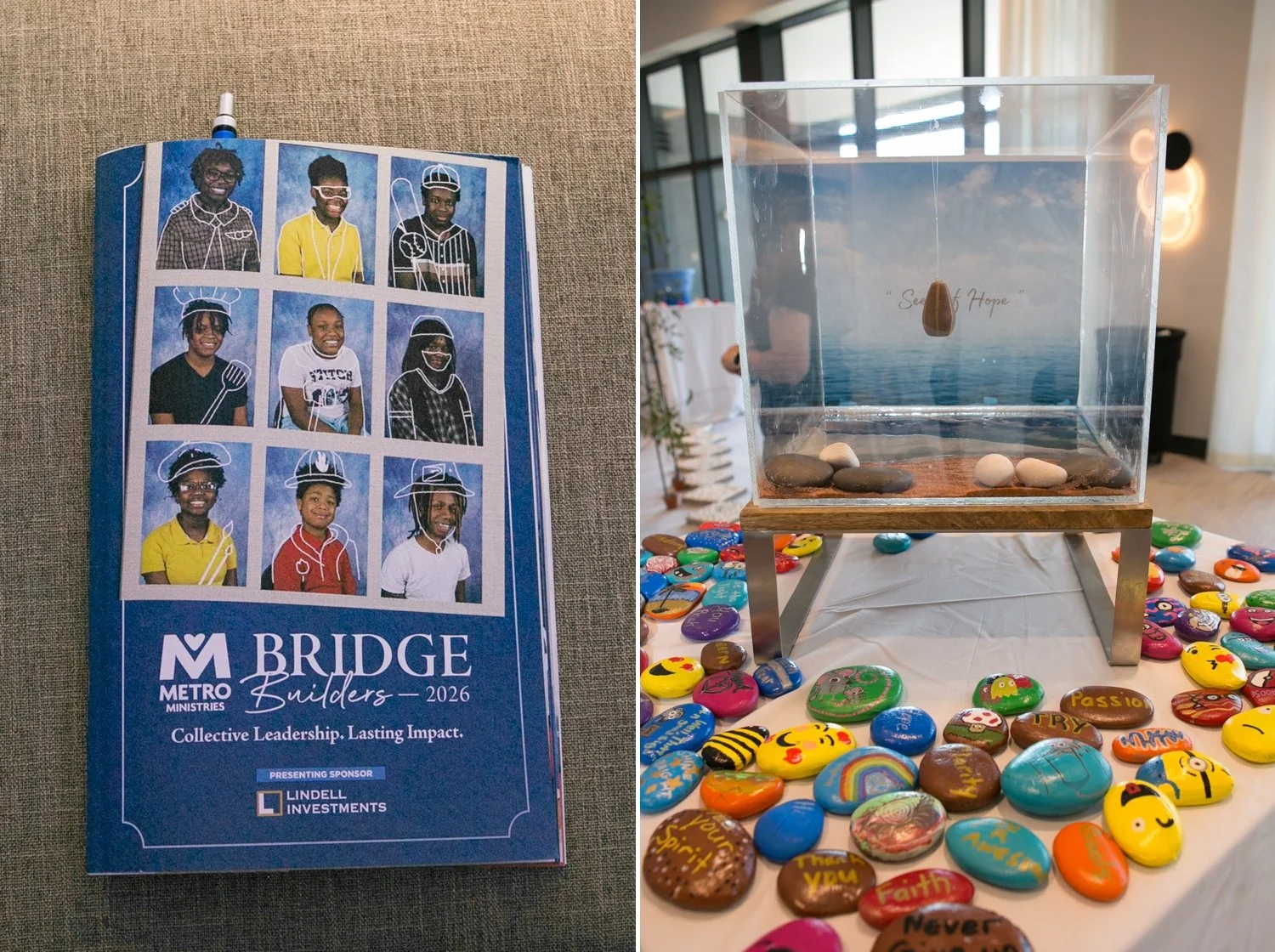 Metro Ministries Bridge Builders 2026 program booklet and CREATE art exhibit stones — Tampa event photography by Carrie Wildes