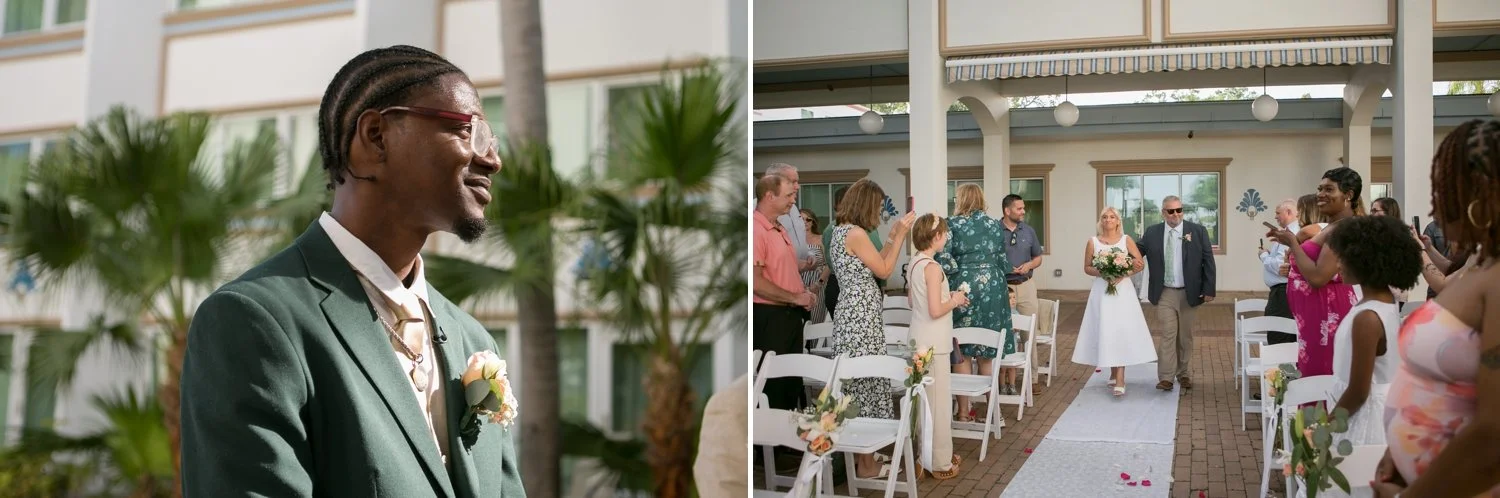 groom sees bride for first time at ceremony in tranquility garden at safety harbor resort
