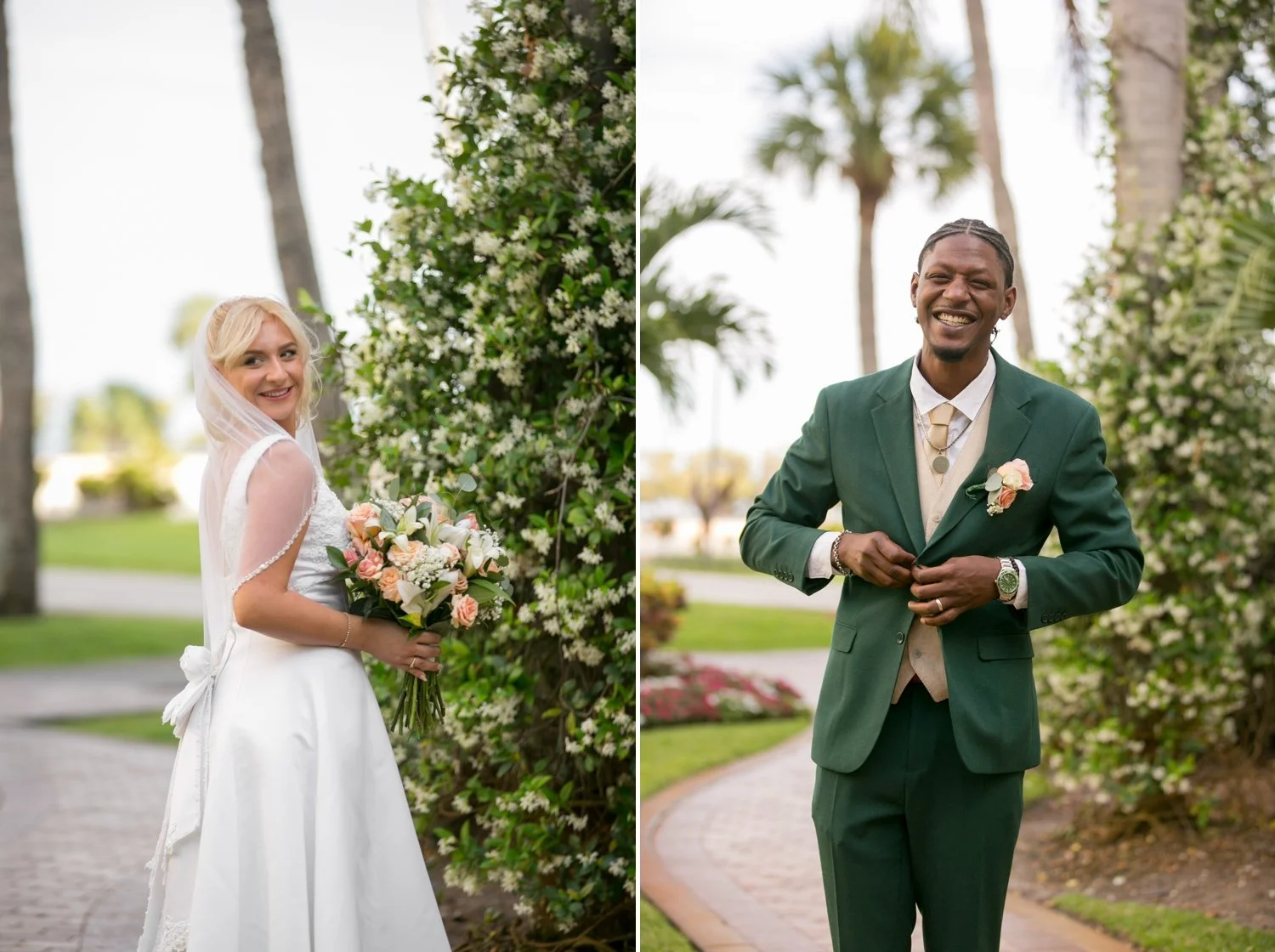 bride and groom portraits in tranquility garden