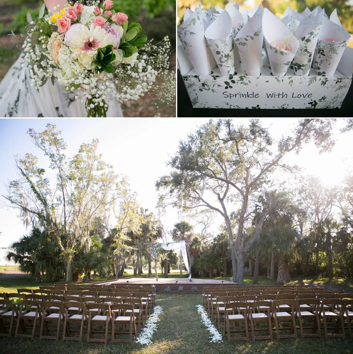 Wide shot of outdoor wedding ceremony at Fat Beet Farm Tampa with guests seated under live oak trees