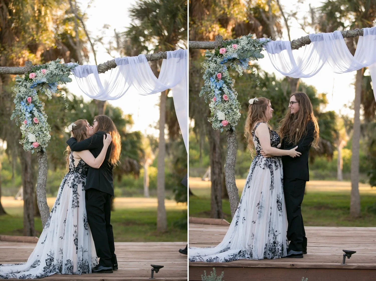  Bride and partner sharing first kiss under rustic branch arch with pink and blue floral swag at Fat Beet Farm