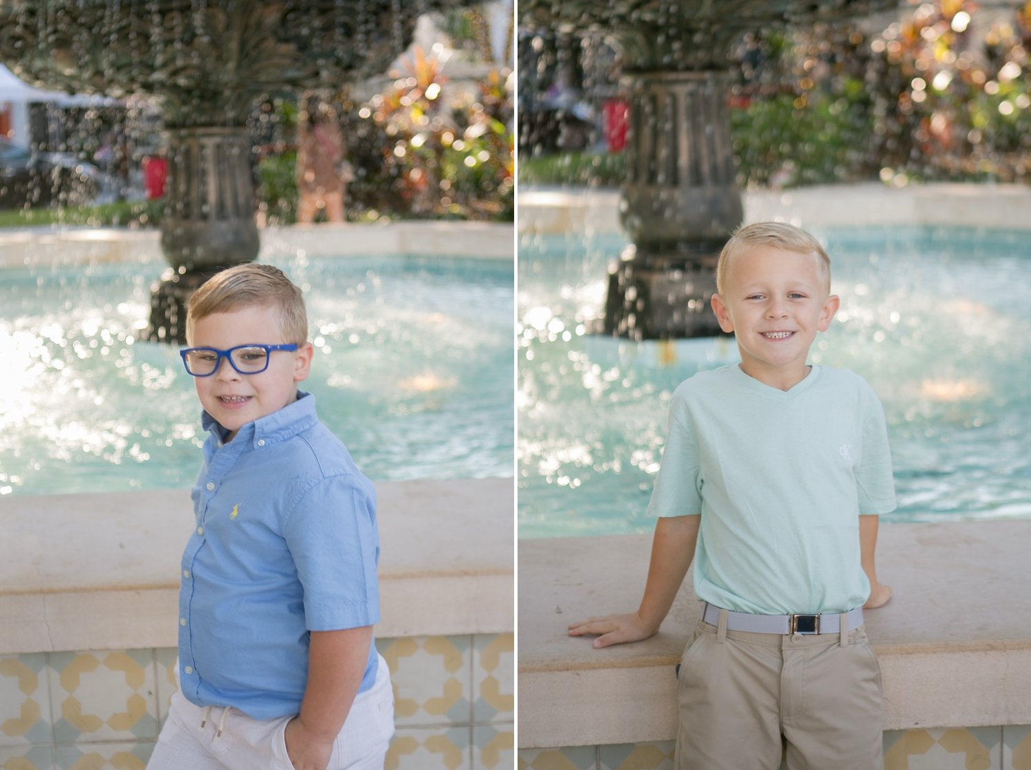 Blonde boy in mint green shirt smiling during his Hyde Park Tampa family portrait session