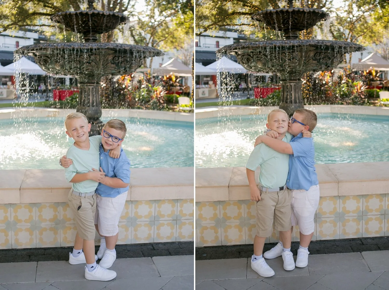 Twin brothers hugging in front of the fountain at Hyde Park Village Tampa