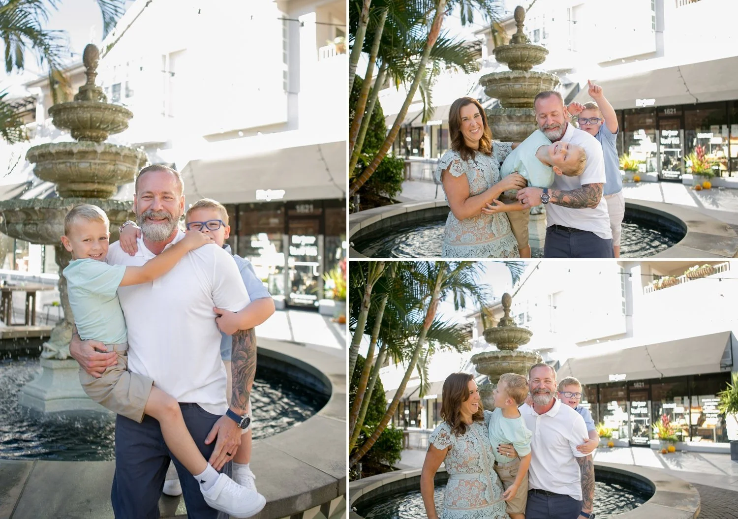  Family of four laughing together during candid portraits at Hyde Park Village Tampa
