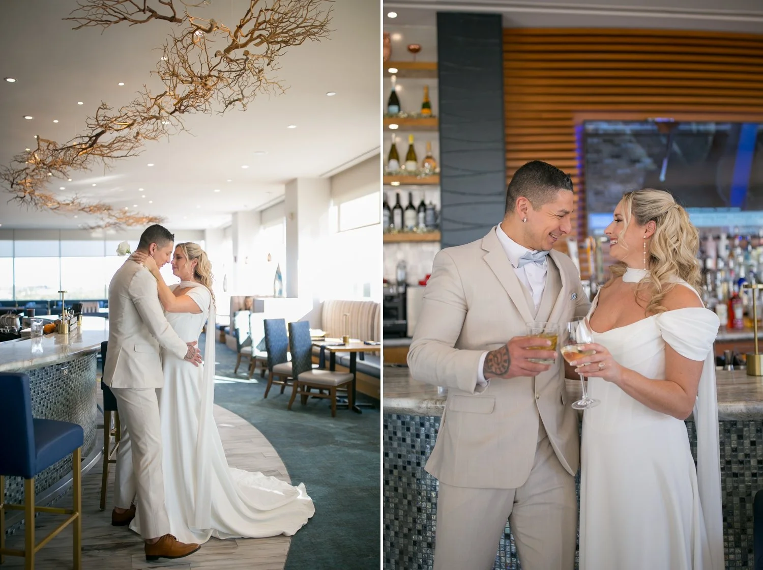 Bride and groom sharing a romantic moment under the golden branch ceiling installation at Centre Club Tampa's Origins bar