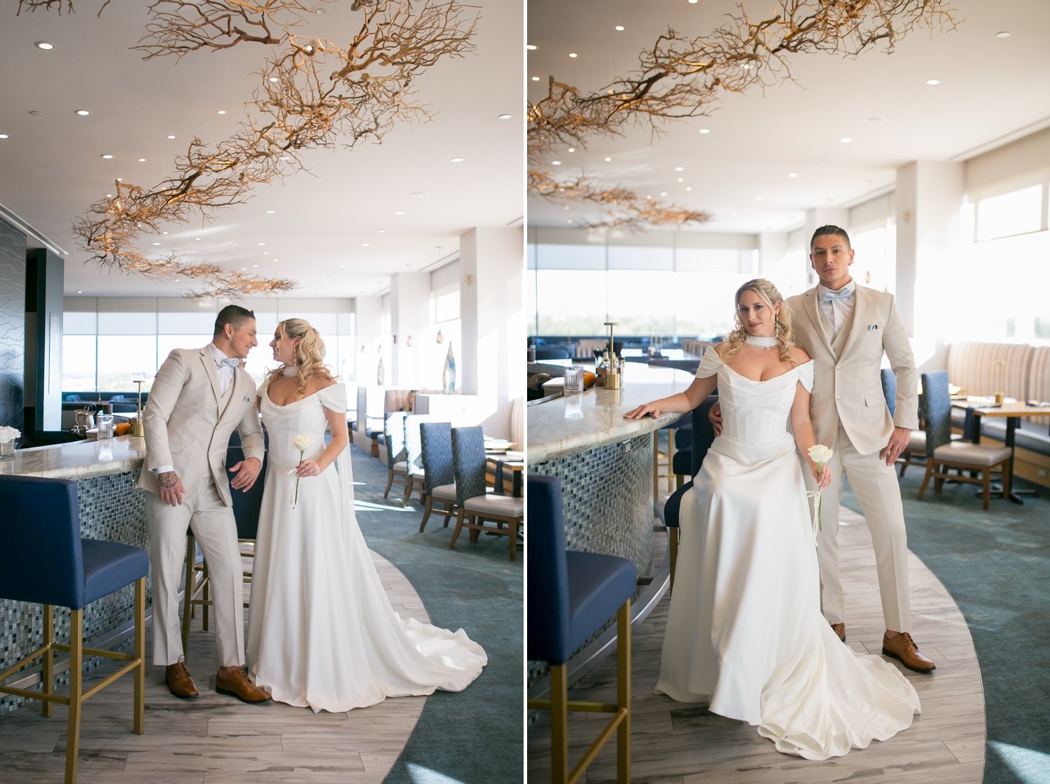 Bride and groom seated in a leather booth at Centre Club Tampa during a coastal elegance wedding styled shoot