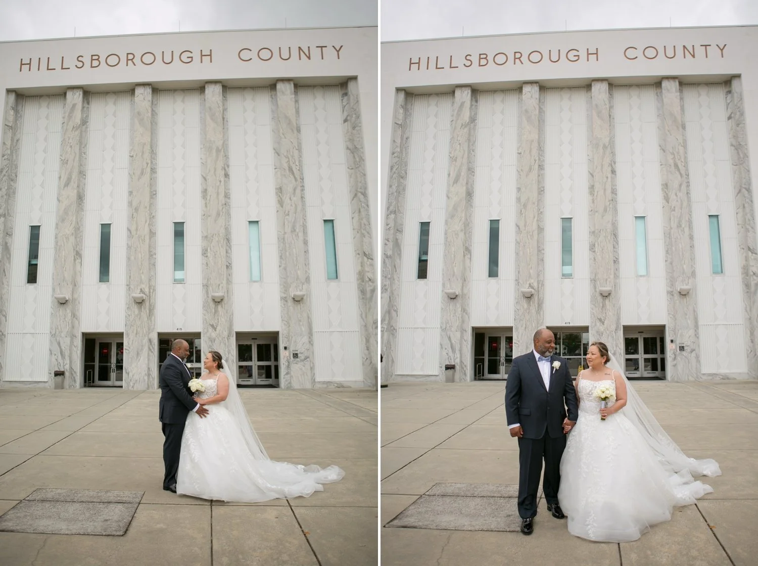 couple in front of the full Hillsborough County facade, walking together. Clean, iconic, instantly readable as "courthouse wedding Tampa.