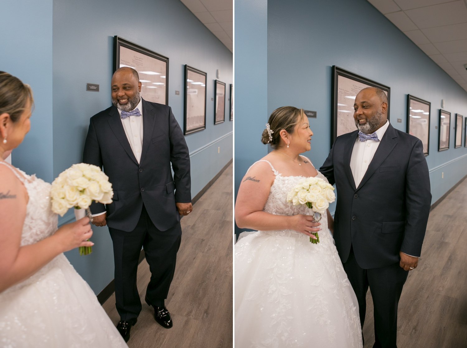 the first look moment in the hallway. Lead with the emotion.