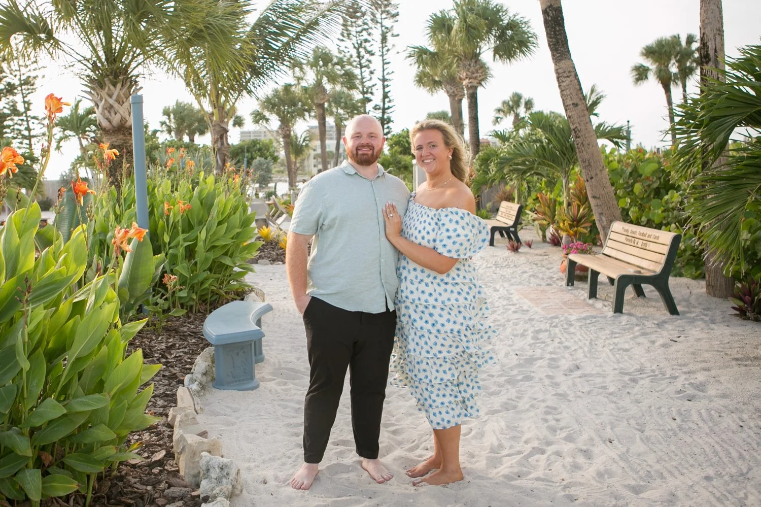 Engaged couple portrait in the tropical Secret Garden at Upham Beach, St. Pete Beach