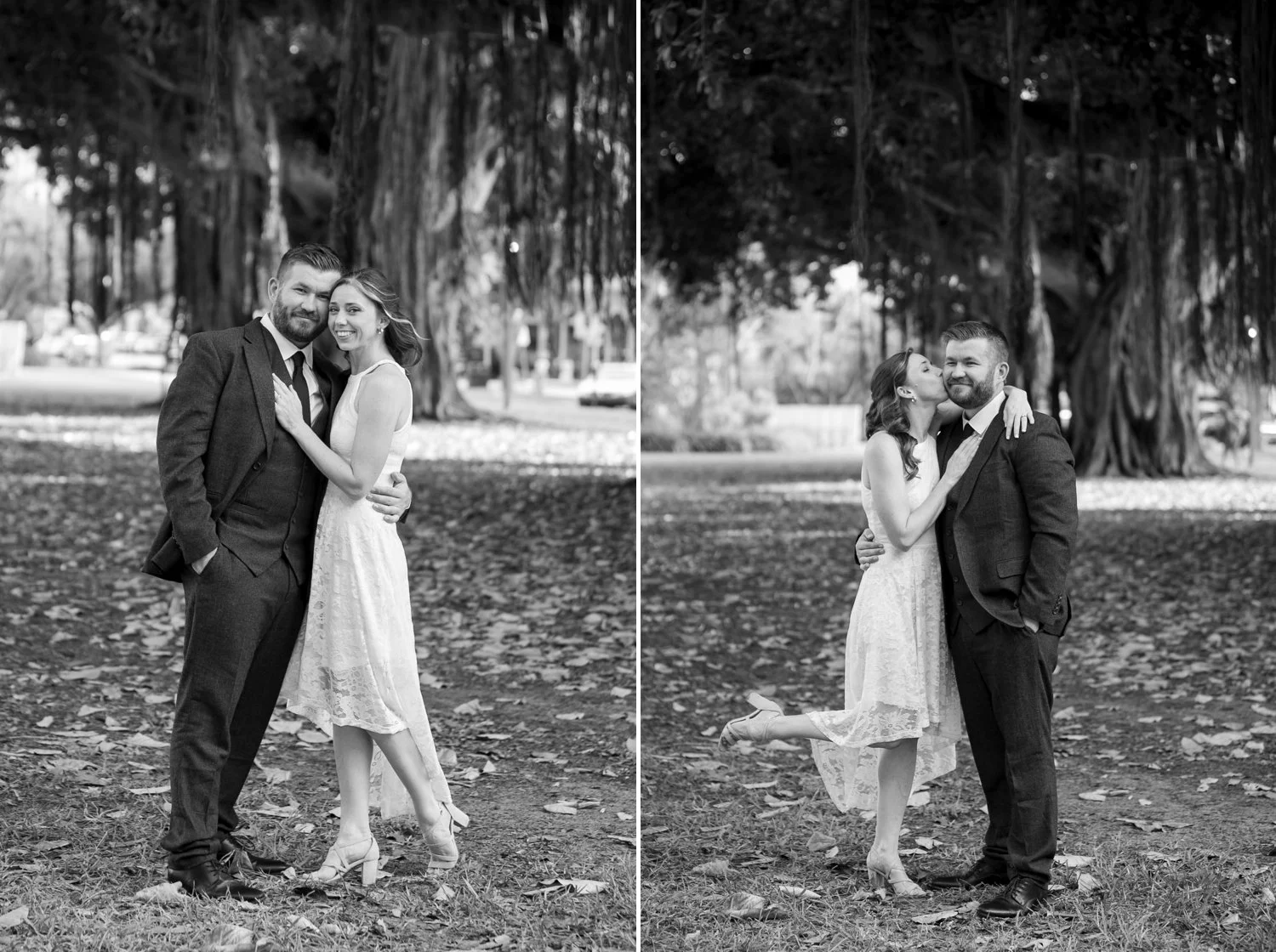 Couple laughing forehead to forehead under banyan trees at their St. Petersburg engagement session