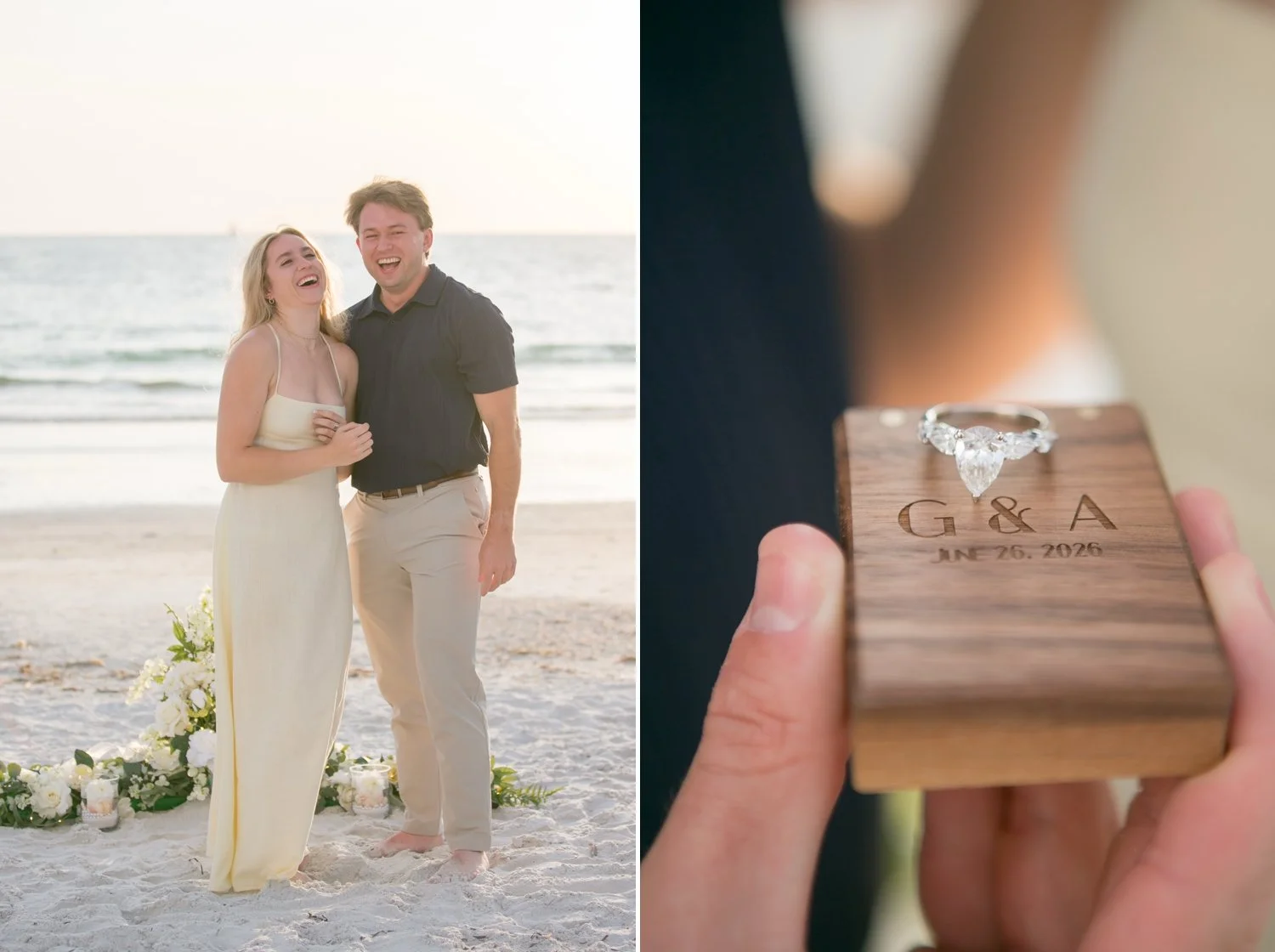 Custom wooden ring box engraved with G &amp; A and June 26, 2026 proposal date