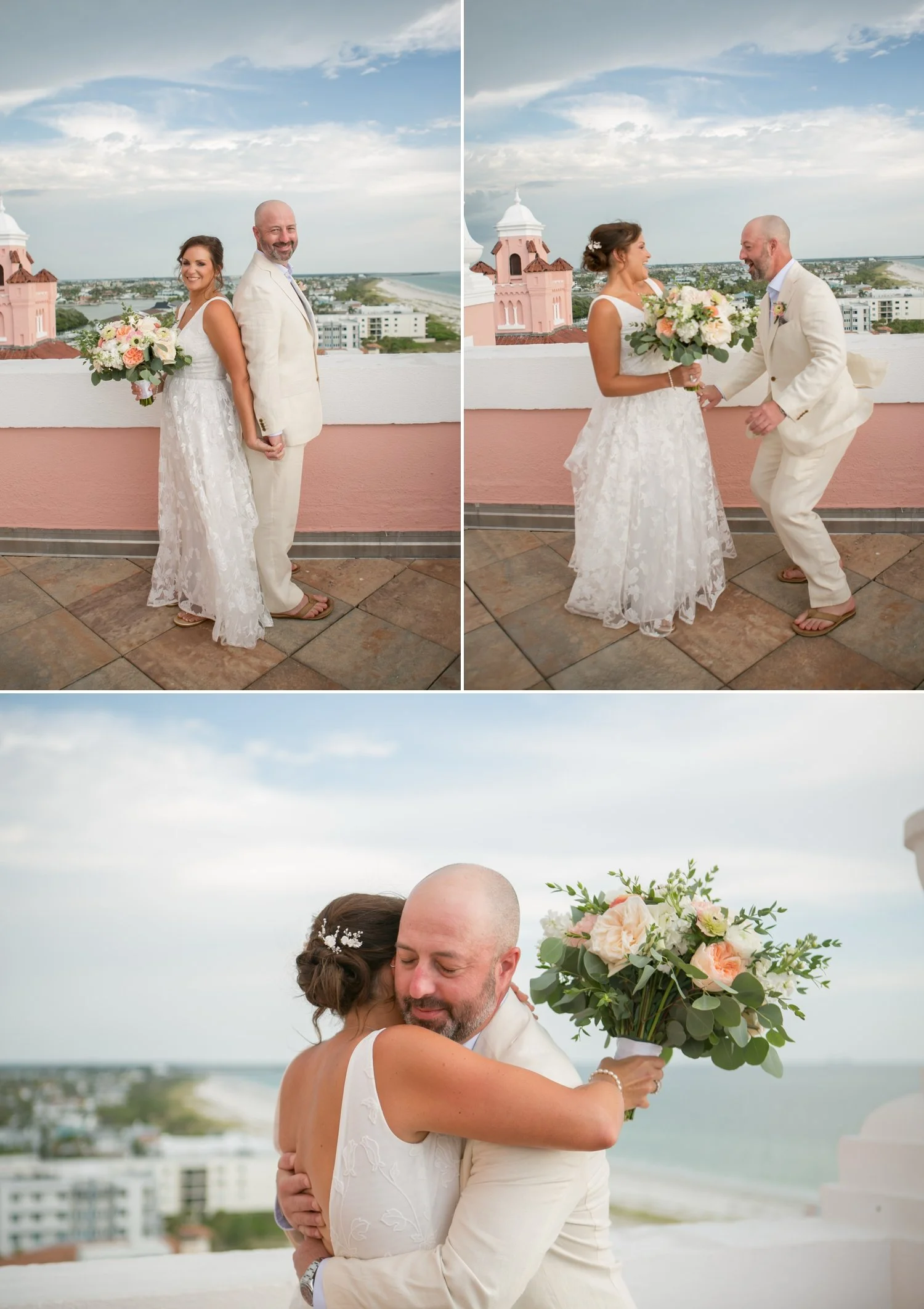 bride and groom doing first look at the Don Cesar on St. Pete Beach