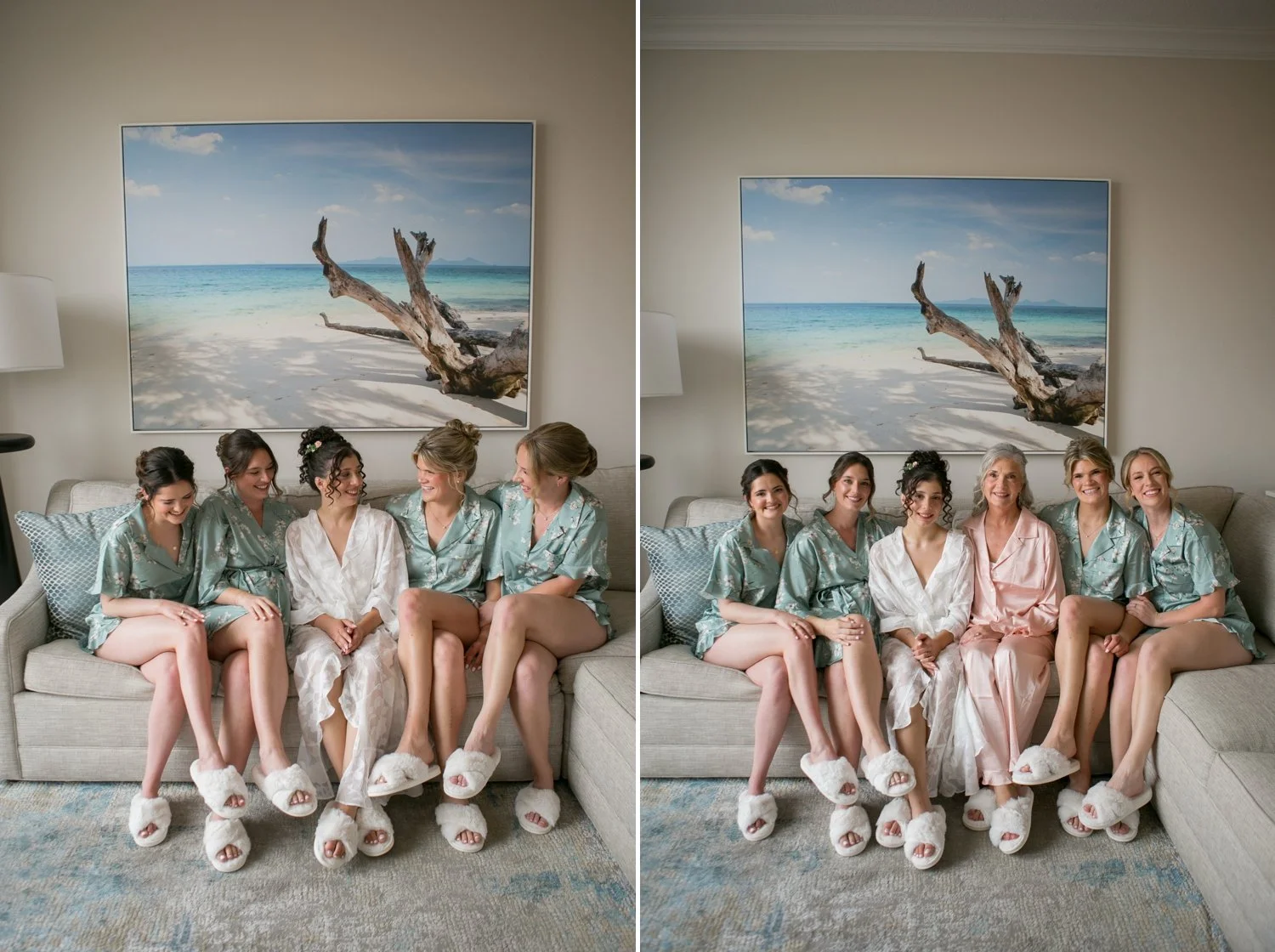 Bride and bridesmaids in mauve and sage robes on a couch at Sand Pearl Resort wedding, Clearwater Beach — Carrie Wildes Photography