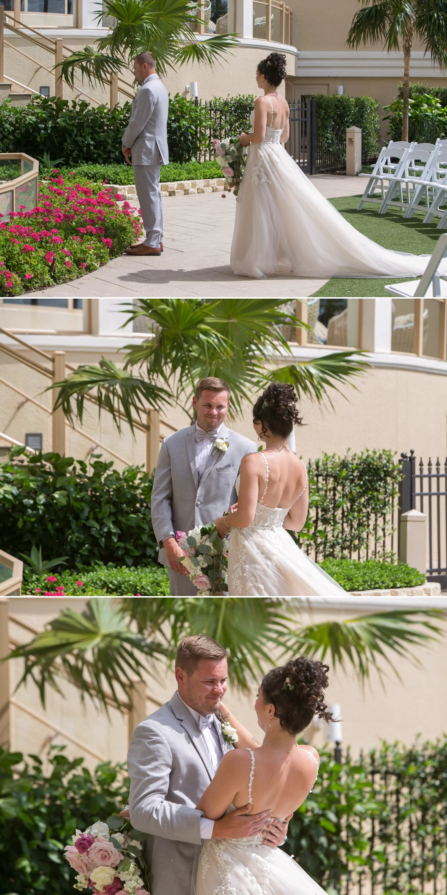 Bride and groom first look at Sand Pearl Resort, Clearwater Beach wedding photographer — Carrie Wildes Photography