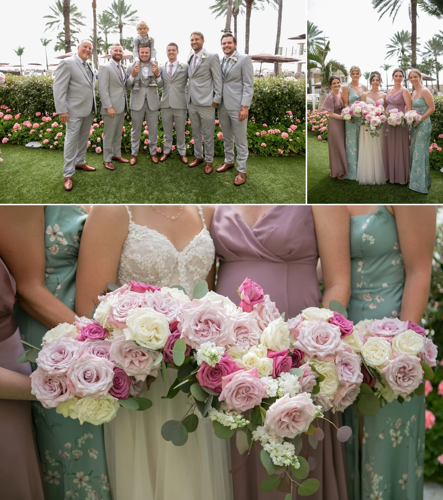 Groomsmen and bridesmaids portraits with mauve and sage bouquets at Sand Pearl Resort wedding — Carrie Wildes Photography