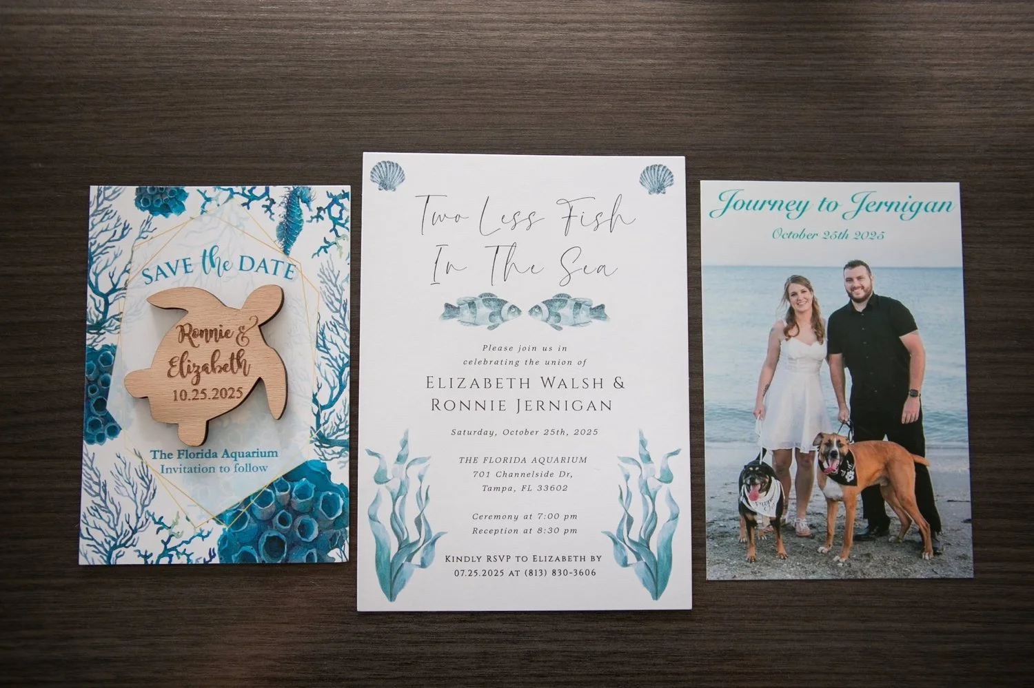 Ocean-themed wedding invitation suite reading Two Less Fish in the Sea with a sea turtle save-the-date
