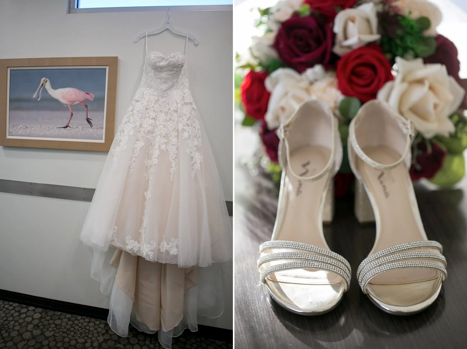 Lace David’s Bridal wedding gown hanging beside silver bridal heels and a rose bouquet