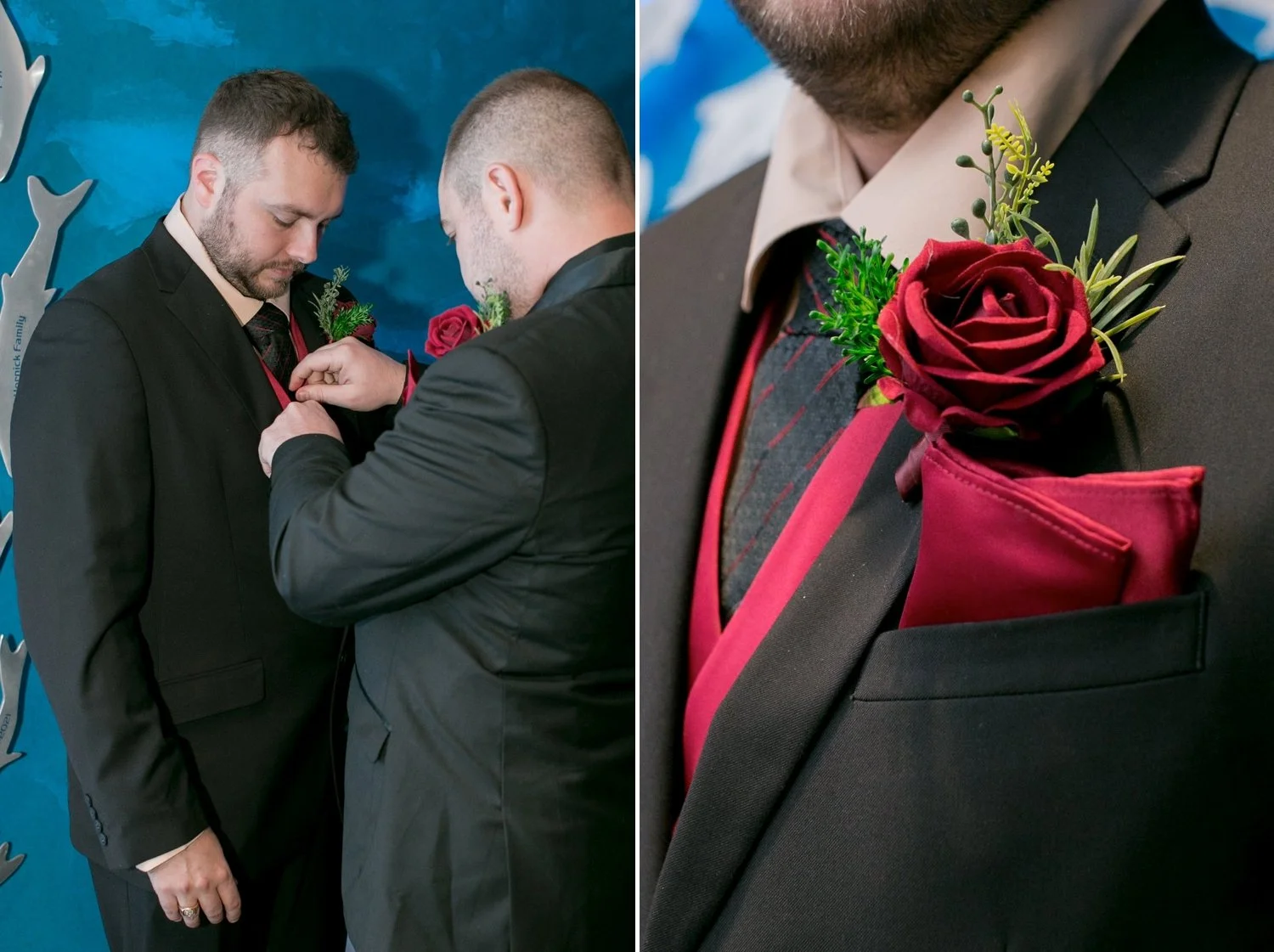 Groomsman pinning a red rose boutonniere on the groom, with a close-up of his red vest and pocket square