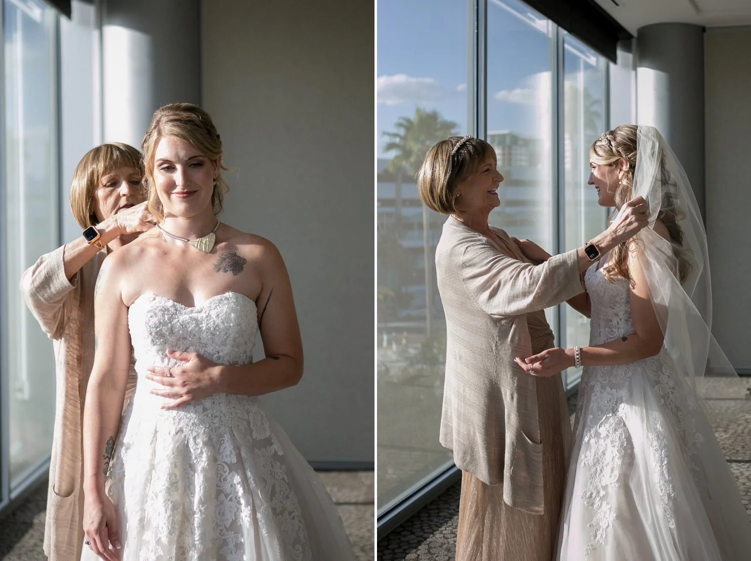 Mother of the bride fastening the bride’s necklace and placing her veil