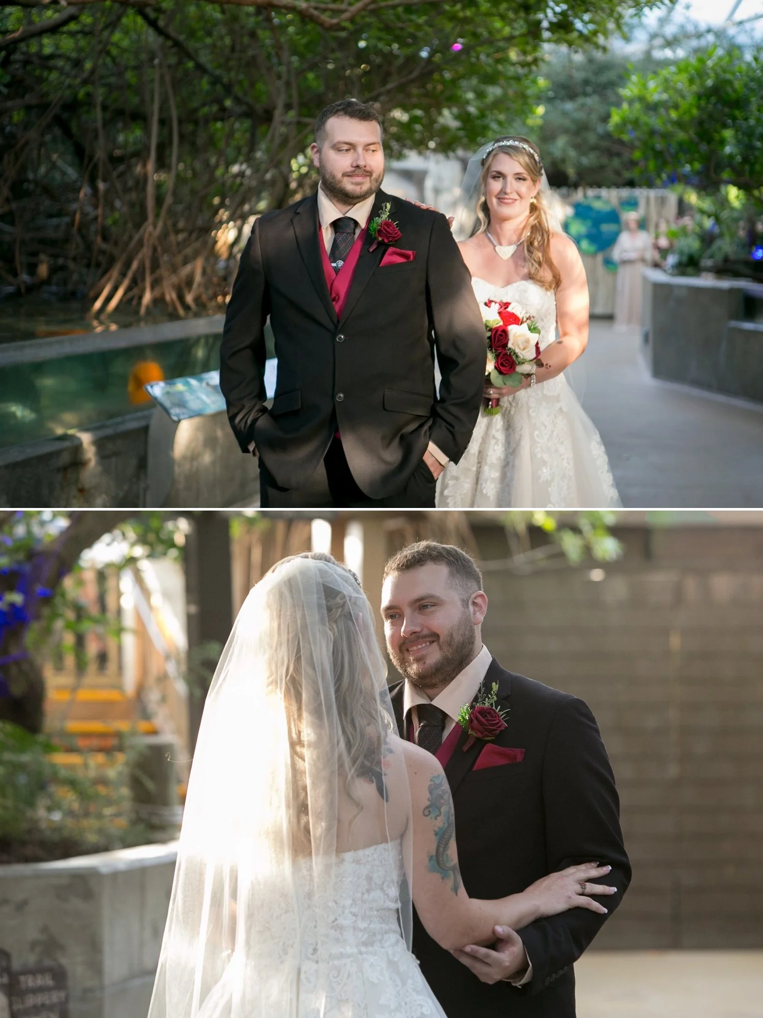 Groom smiling at his bride during their first look among the mangroves