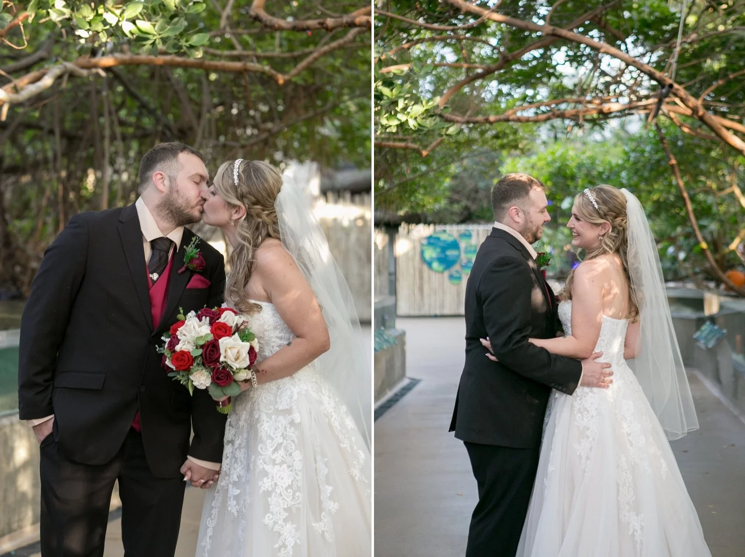 Bride and groom kissing after their first look at The Florida Aquarium