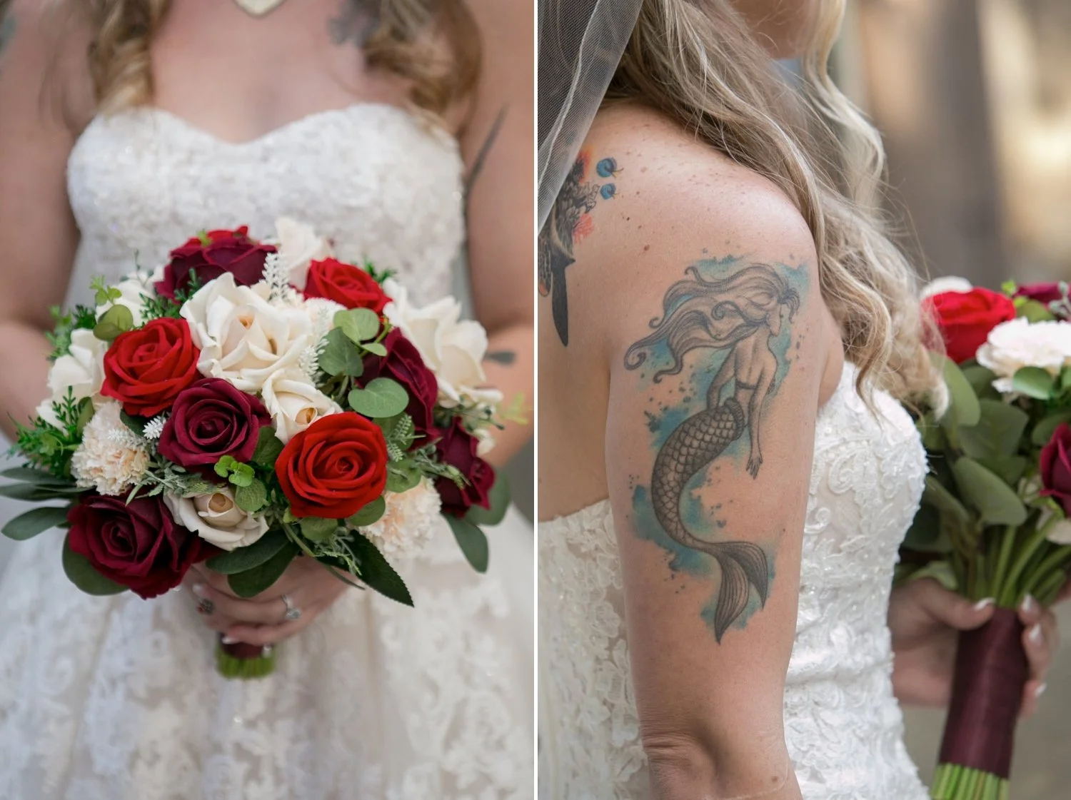 Red and ivory rose bridal bouquet and the bride’s mermaid tattoo