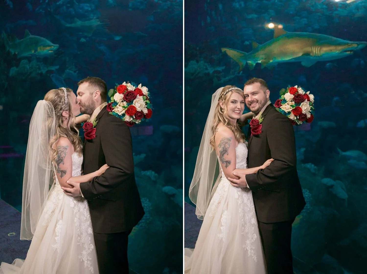 Bride and groom embracing as a shark swims overhead at The Florida Aquarium