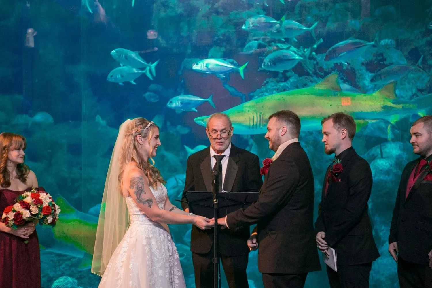 Bride and groom holding hands at the altar as a shark swims behind them