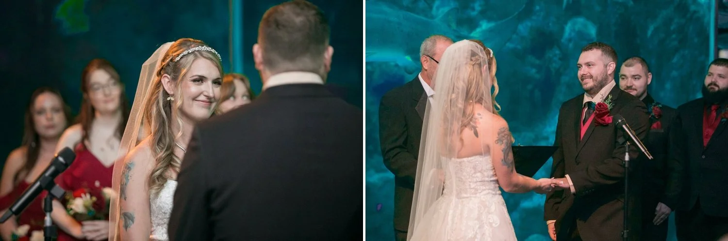 Bride smiling at the groom during their Florida Aquarium wedding ceremony