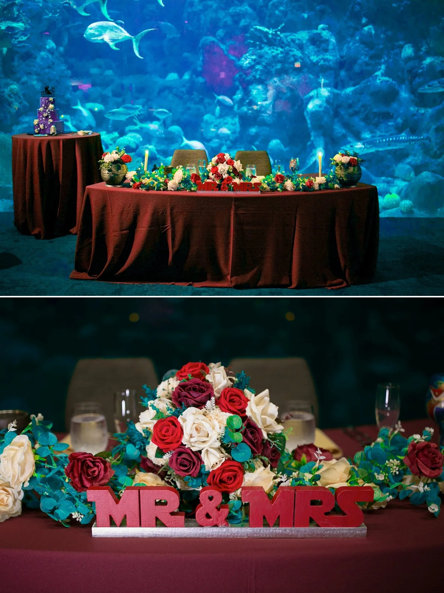 Sweetheart table with red and ivory roses and a Mr and Mrs sign in front of the aquarium window
