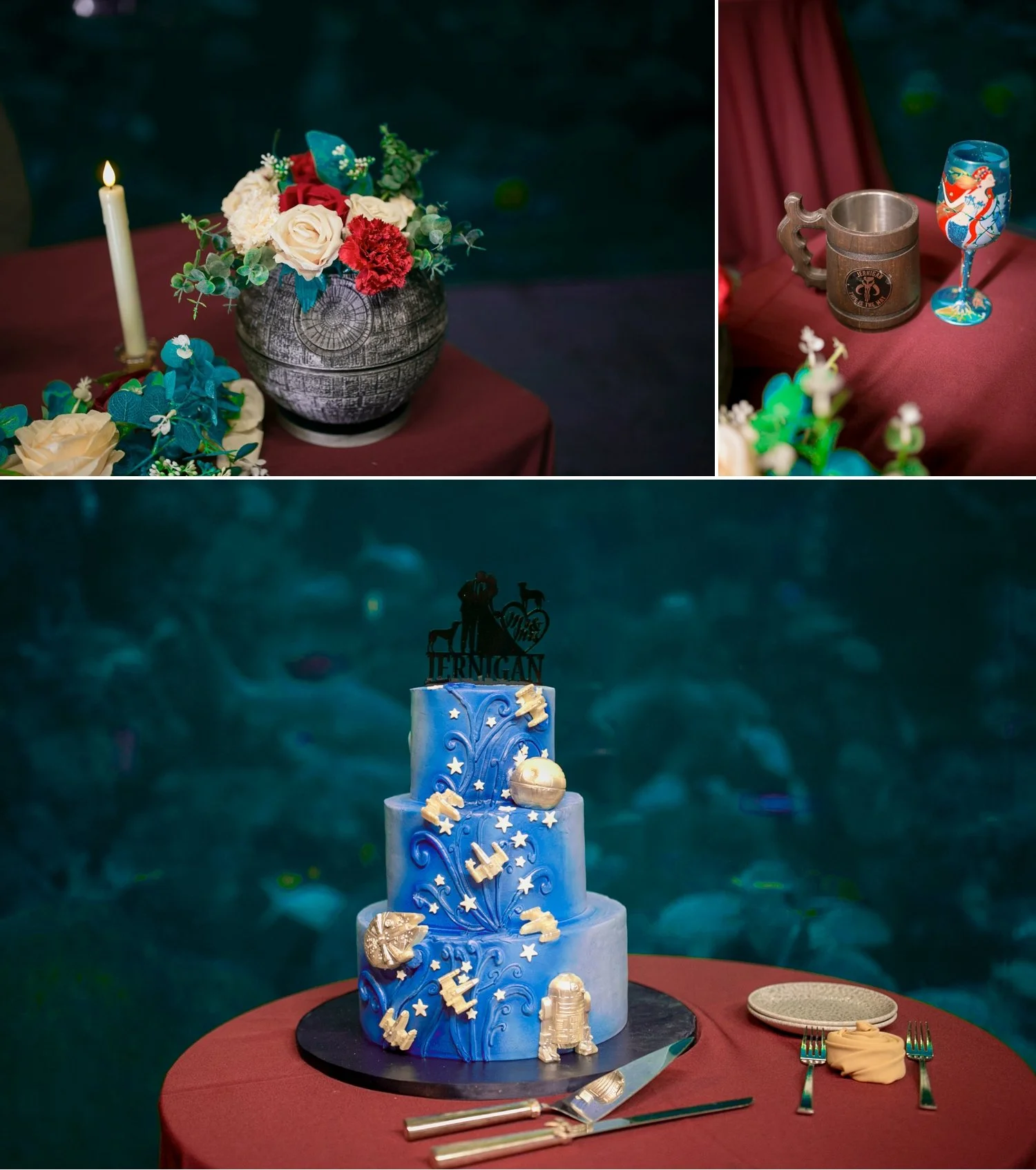 Rose centerpiece, mermaid wine glass and a galaxy blue Alessi Bakery wedding cake