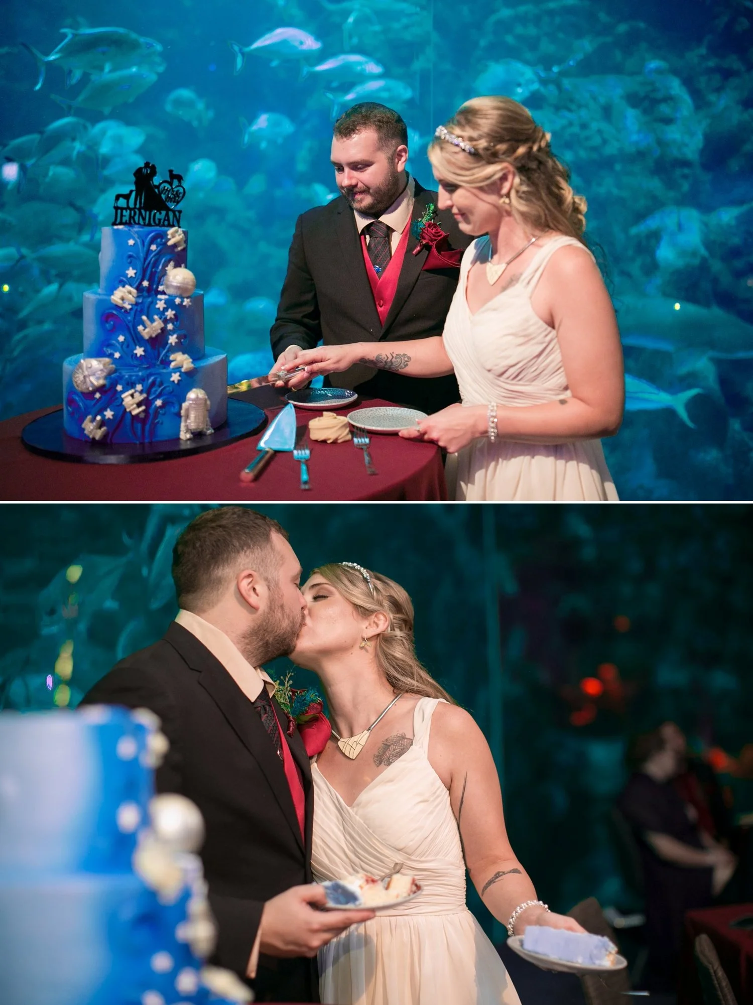 Bride and groom cutting their galaxy blue wedding cake and sharing a kiss