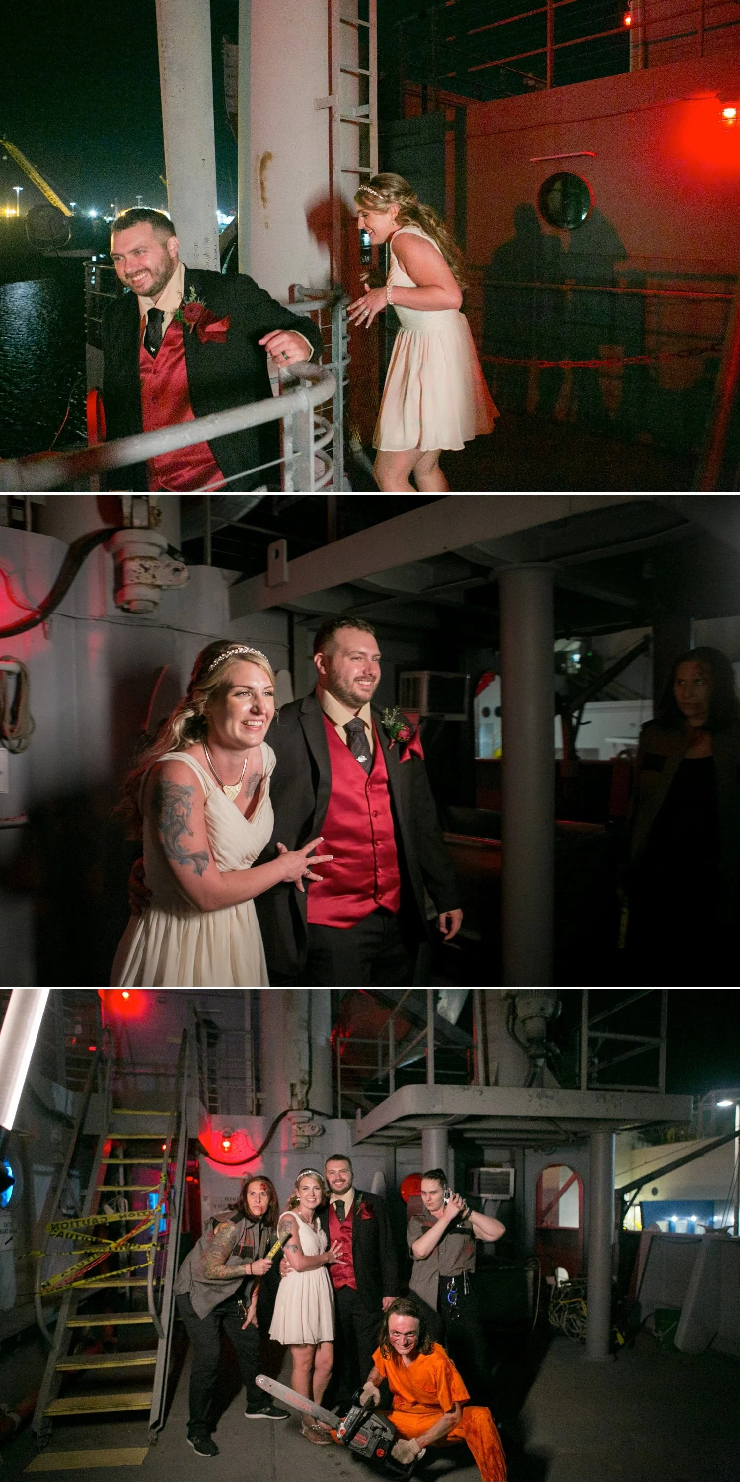 Bride and groom laughing through scares on the haunted American Victory Ship