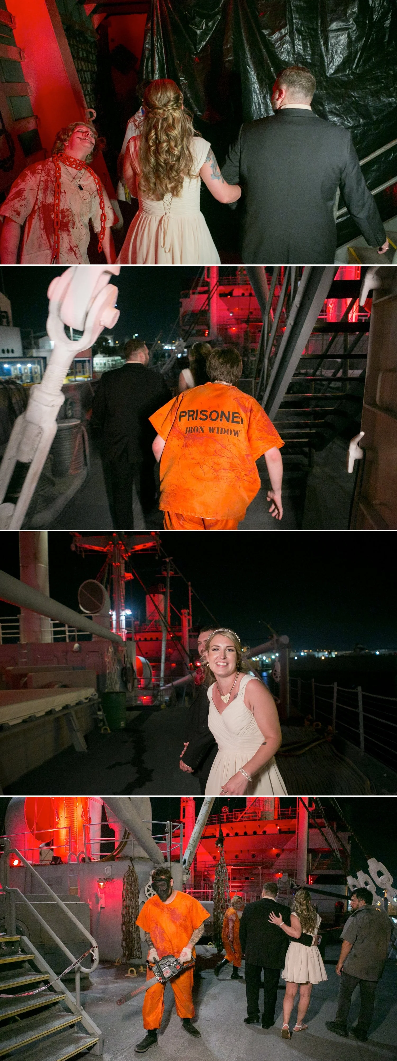 Bride and groom walking through the haunted American Victory Ship past a zombie and an escaped prisoner